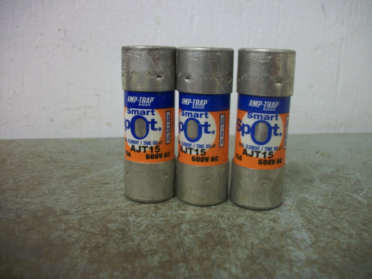 FERRAZ-SHAWMUT LOT OF 3 AMP-TRAP 2000 SMART SPOT FUSES AJT15 15AMP 600VOLT