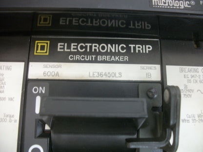 SQUARE D ELECTRONIC TRIP CIRCUIT BREAKER LE36450LS 600AMP 600VOLT 3POLE W/UV&AUX
