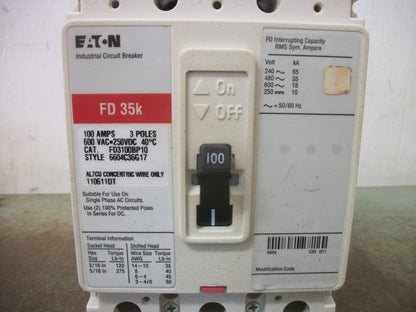 CUTLER-HAMMER FD CIRCUIT BREAKER FD3100BP10 100AMP 600VOLT 3POLE RED NOB