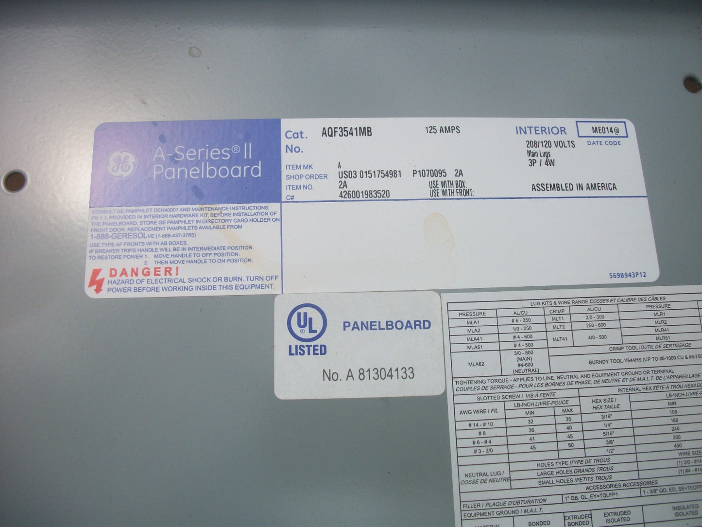 GE A-SERIES II PANELBOARD INTERIOR AQF3541MB 125AMP 208/120VOLT 3PH 4W NIB