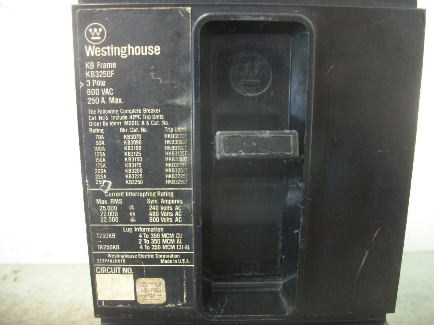 WESTINGHOUSE KB CIRCUIT BREAKER KB3250F 250AMP 600VOLT 3POLE W/150A TRIP CHIPPED