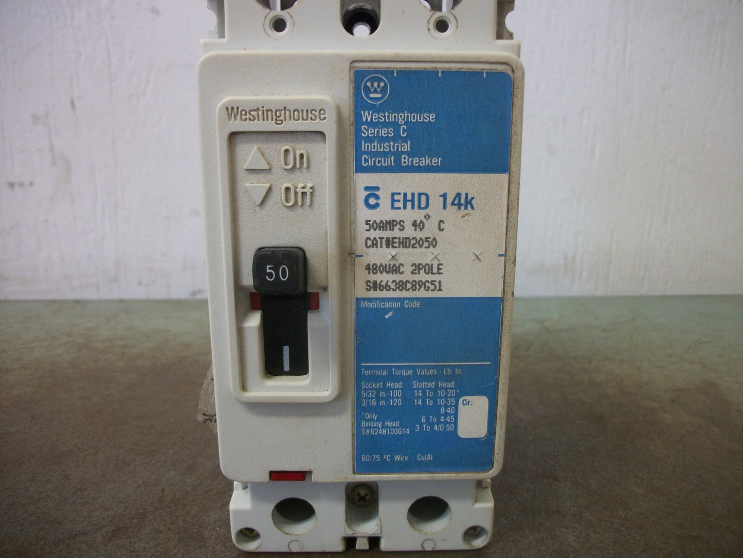 WESTINGHOUSE EHD CIRCUIT BREAKER EHD2050 50AMP 480VOLT 2POLE BLUE