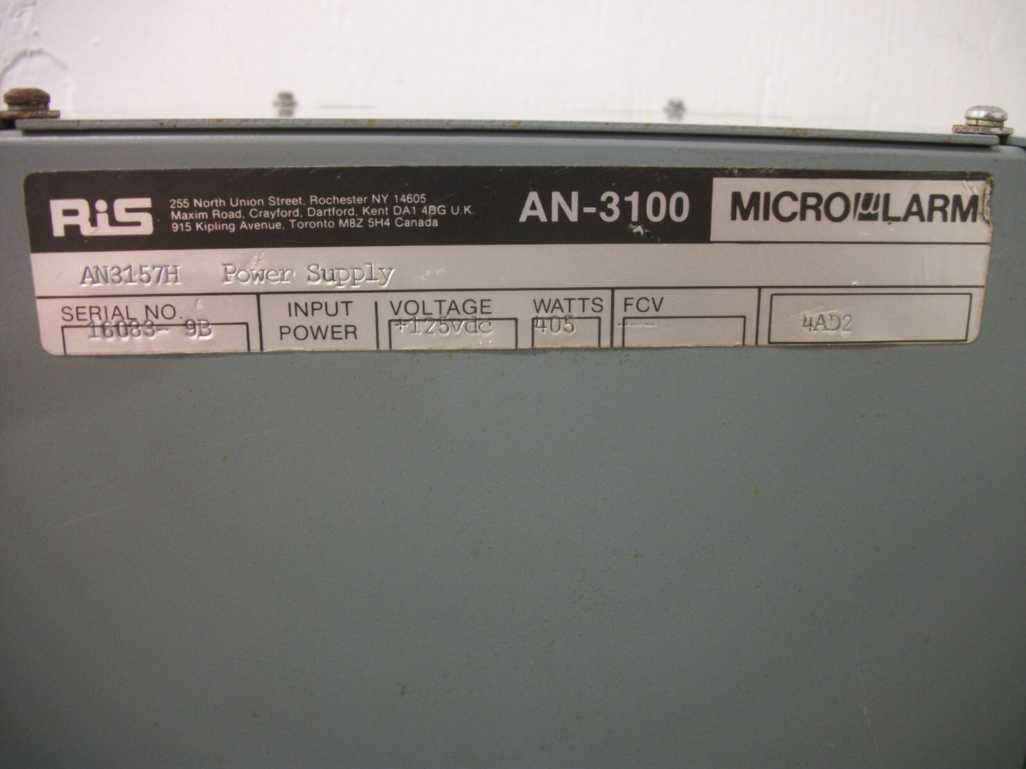 RIS MICRO ALARM AN-3100 POWER SUPPLY AN3175H 125VDC 405WATT NOB