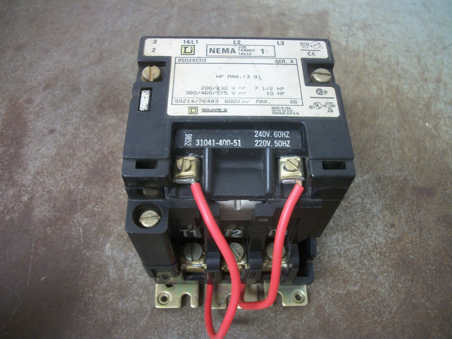 SQUARE D SIZE 1 CONTACTOR 8502SCO2 240VCOIL 3PH 600V 10HP