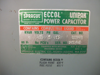 SPRAGUE ECCOL UNIPAK POWER CAPACITOR 443CEU 4KVAR 480VOLT 3PH NOB