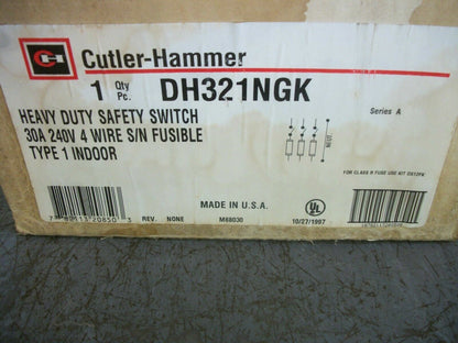 CUTLER-HAMMER DISCONNECT TYPE 1 DH321NGK 30AMP 240VOLT 3POLE FUSIBLE NIB