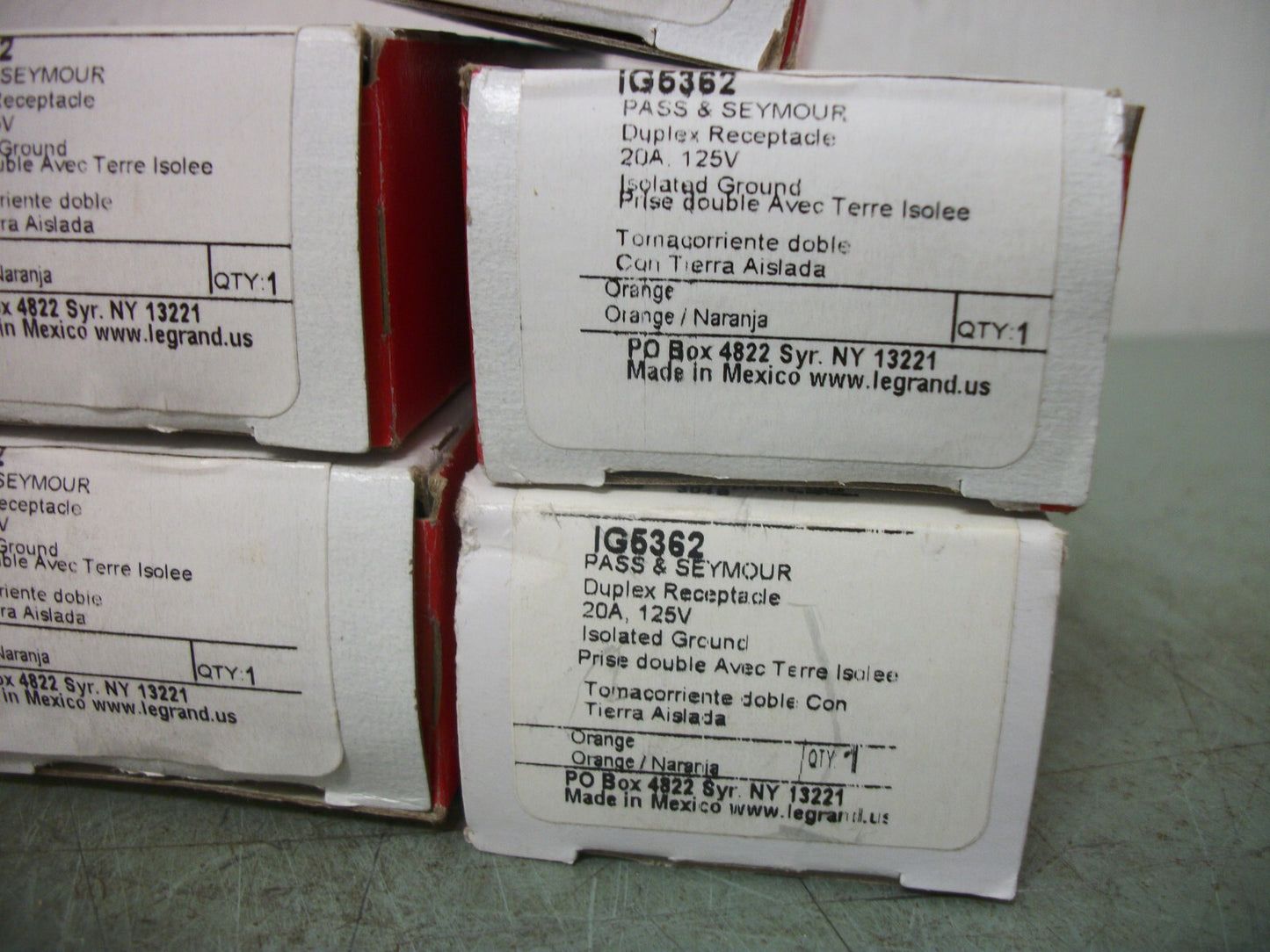 PASS & SEYMOUR LOT OF 5 ORANGE DUPLEX RECEPTACLES IG5362 20A 125V NIB