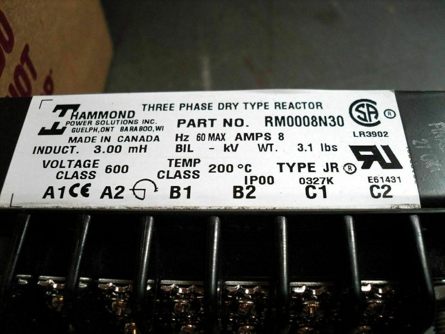 HAMMOND 3.00mH 3PH DRY TYPE REACTOR RM0008N30 600VOLT 8AMP *NIB*