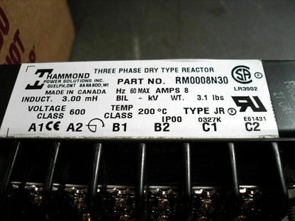 HAMMOND 3.00mH 3PH DRY TYPE REACTOR RM0008N30 600VOLT 8AMP *NIB*