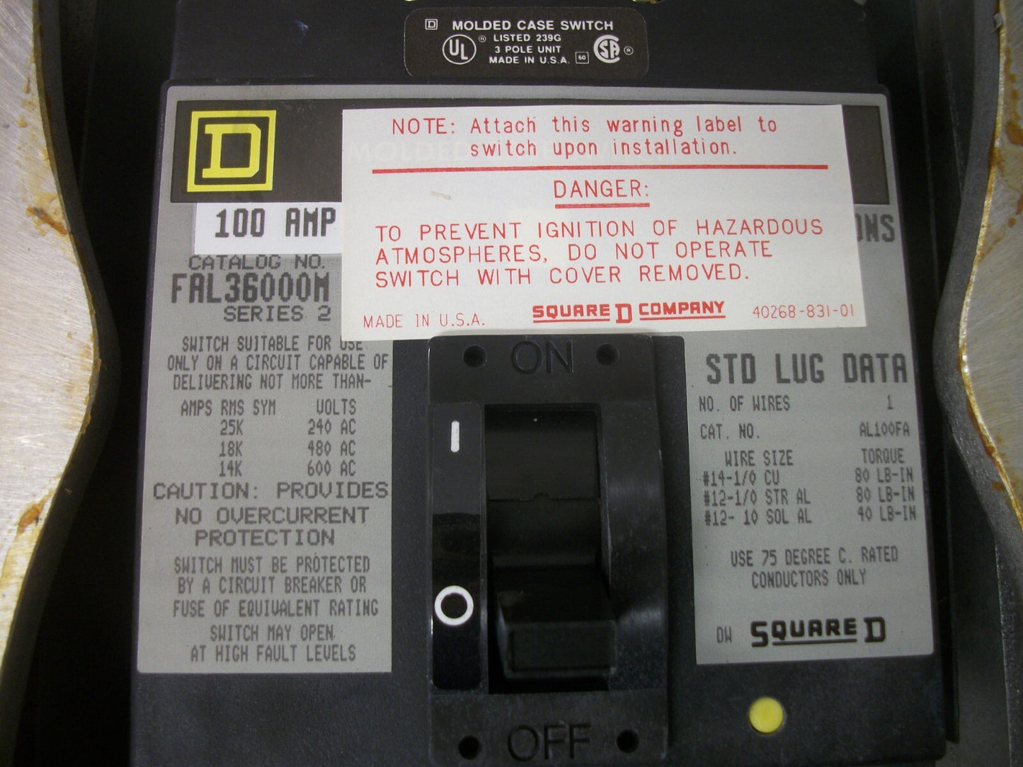 SQUARE D ENCL CIRCUIT BREAKER 3R H-100-XFA 100AMP 600VOLT 3POLE W/BREAKER NOB