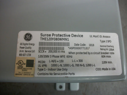 GE TRANQUELL SURGE PROTECTIVE DEVICE TME120Y080WMN1 60AMP 120/208VOLT 3PH NOB