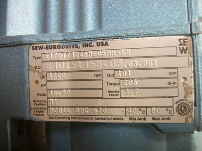 SEW EURODRIVE .33HP TEFC AC GEARMOTOR DFT71C4BM605HR-KS 460VOLT 3PH 1720RPM