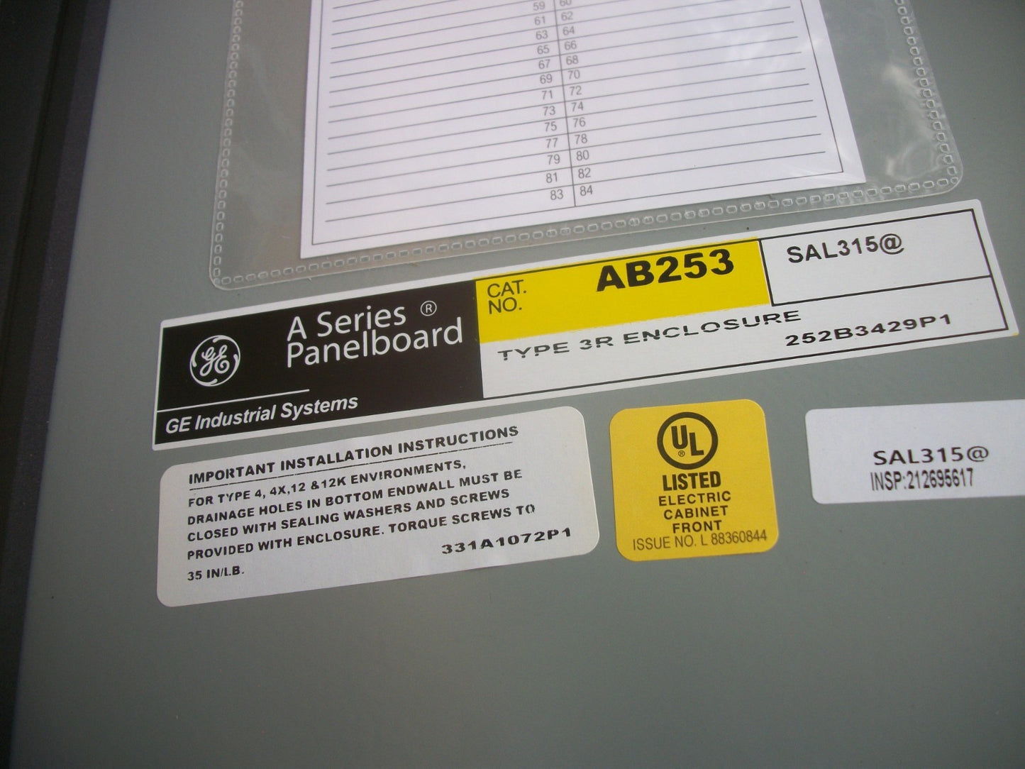 GE A SERIES PANELBOARD TYPE 3R 25.5L X 20W X 5.81D ENCLOSURE ONLY AB253 NIB