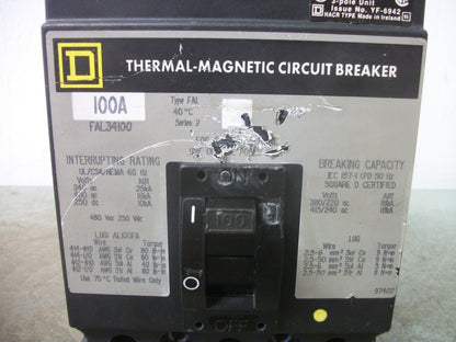 SQUARE D FAL CIRCUIT BREAKER FAL34100 100AMP 480VOLT 3POLE GRAY