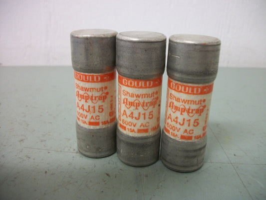 GOULD SHAWMUT LOT OF 3 AMP-TRAP FUSES A4J15 15AMP 600VOLT