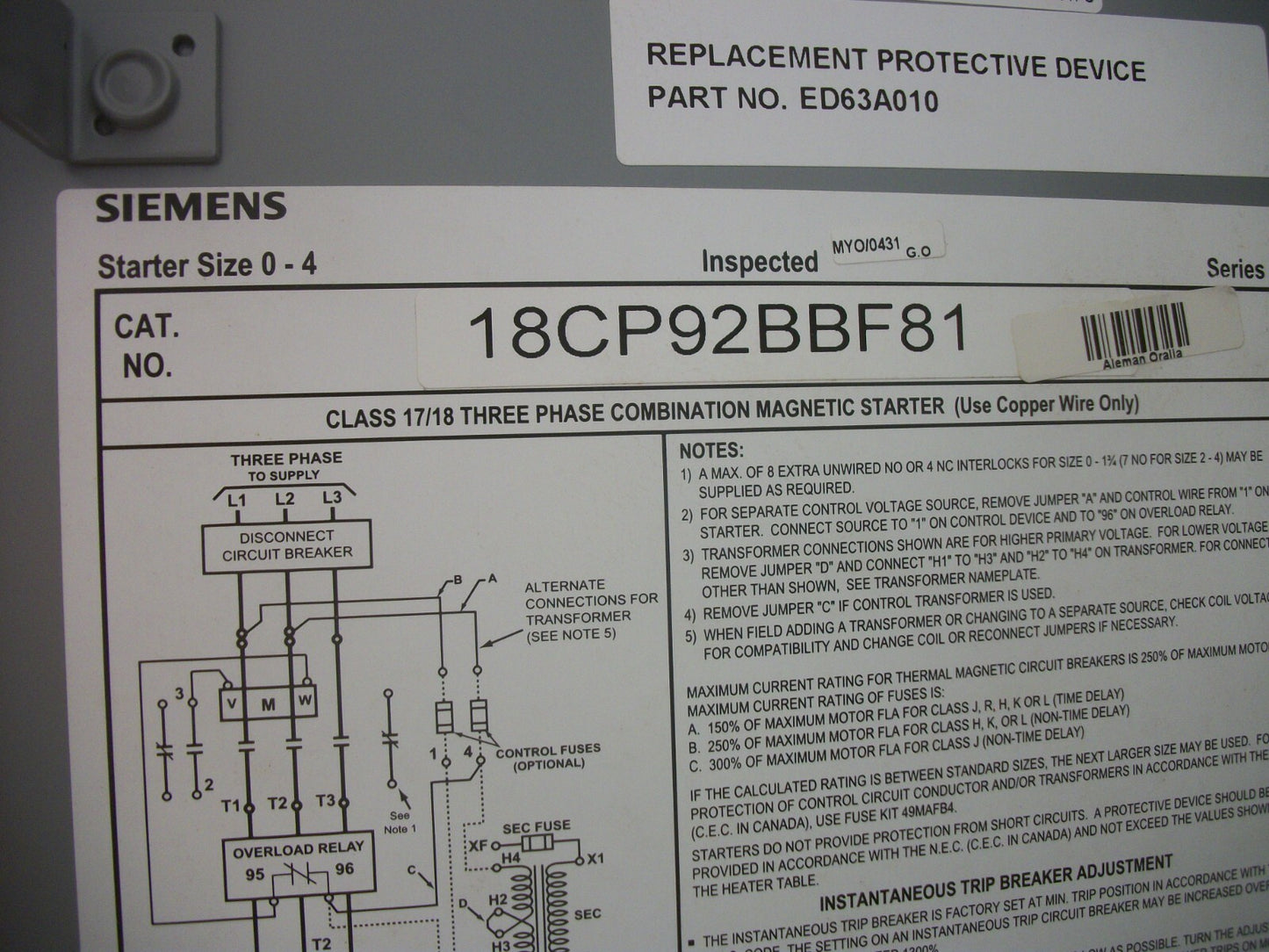 SIEMENS STARTER COMBO SIZE 0 TYPE 1 14CP32A*81 120VCOIL 10AMP BREAKER