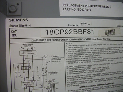 SIEMENS STARTER COMBO SIZE 0 TYPE 1 14CP32A*81 120VCOIL 10AMP BREAKER