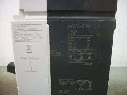 CUTLER-HAMMER PDG2 CIRCUIT BREAKER PDG21M0020TFFL 20AMP 277VOLT 1POLE
