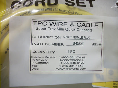 SUPER-TREX MINI QUICK-CONNECTS 6FT 5P FEMALE TPC WIRE & CABLE 84506 600VOLT NEW