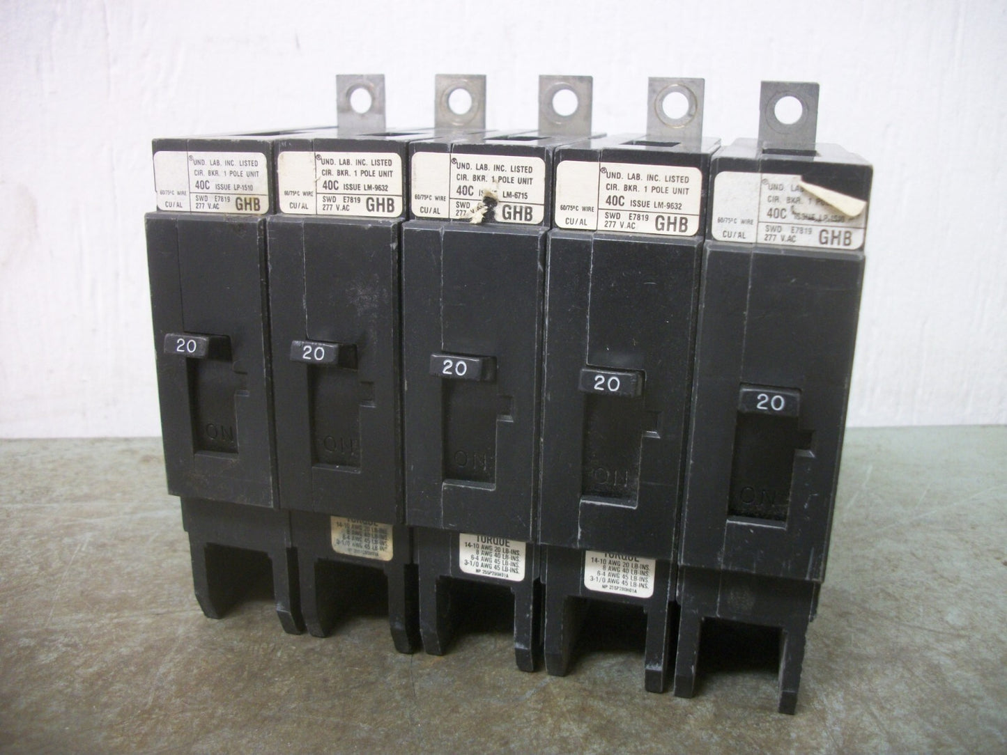 WESTINGHOUSE LOT OF 5 GHB CIRCUIT BREAKERS GHB1020 20AMP 277VOLT 1POLE