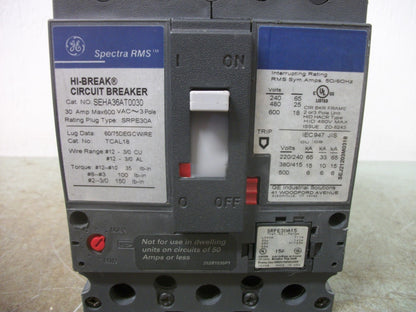 GE SPECTRA SEHA CIRCUIT BREAKER SEHA36AT0030 30AMP 600VOLT 3POLE W/15A TRIP