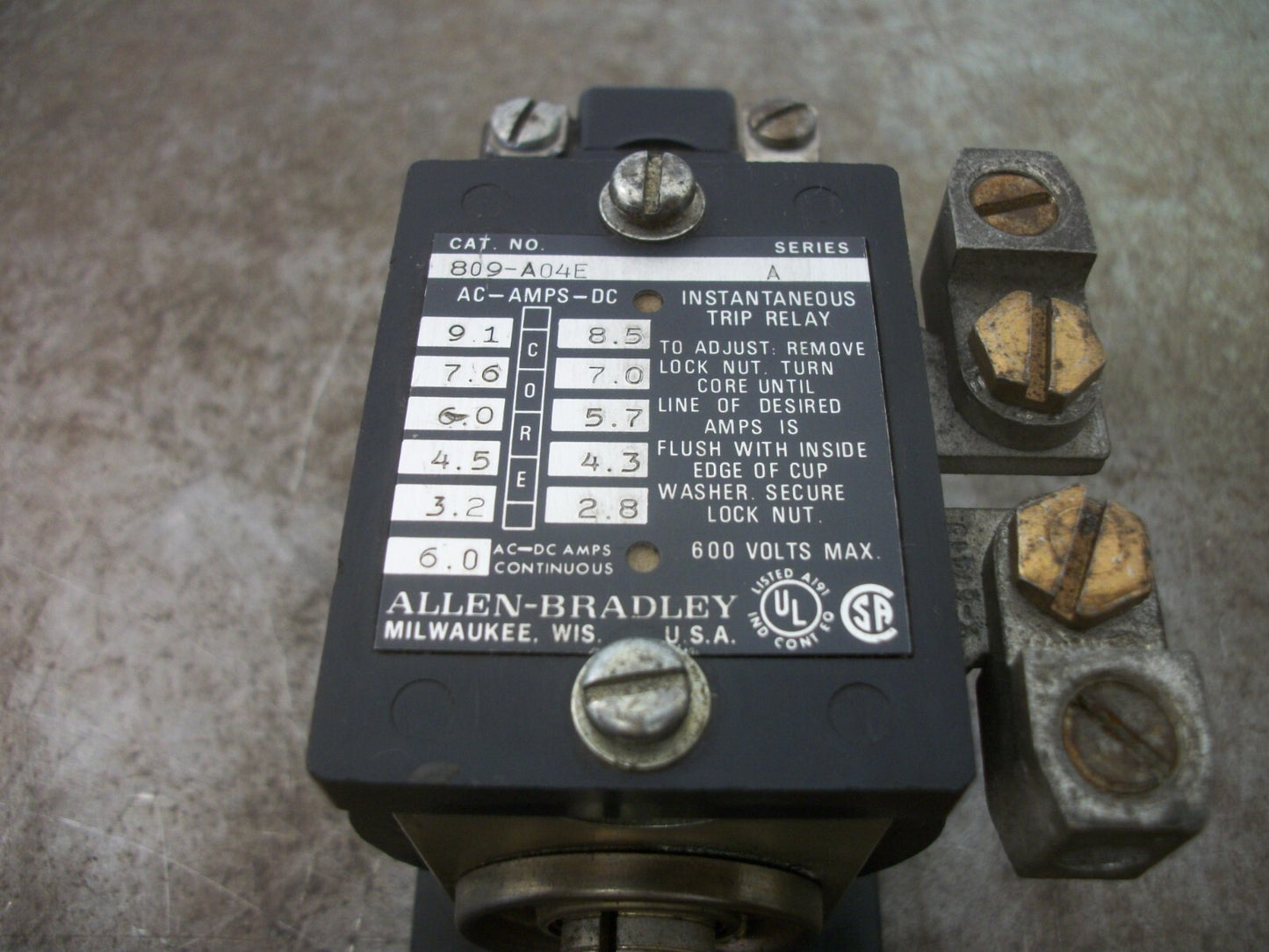 ALLEN-BRADLEY INSTANTANEOUS TRIP RELAY 809-A04E 6AMP 600VOLT
