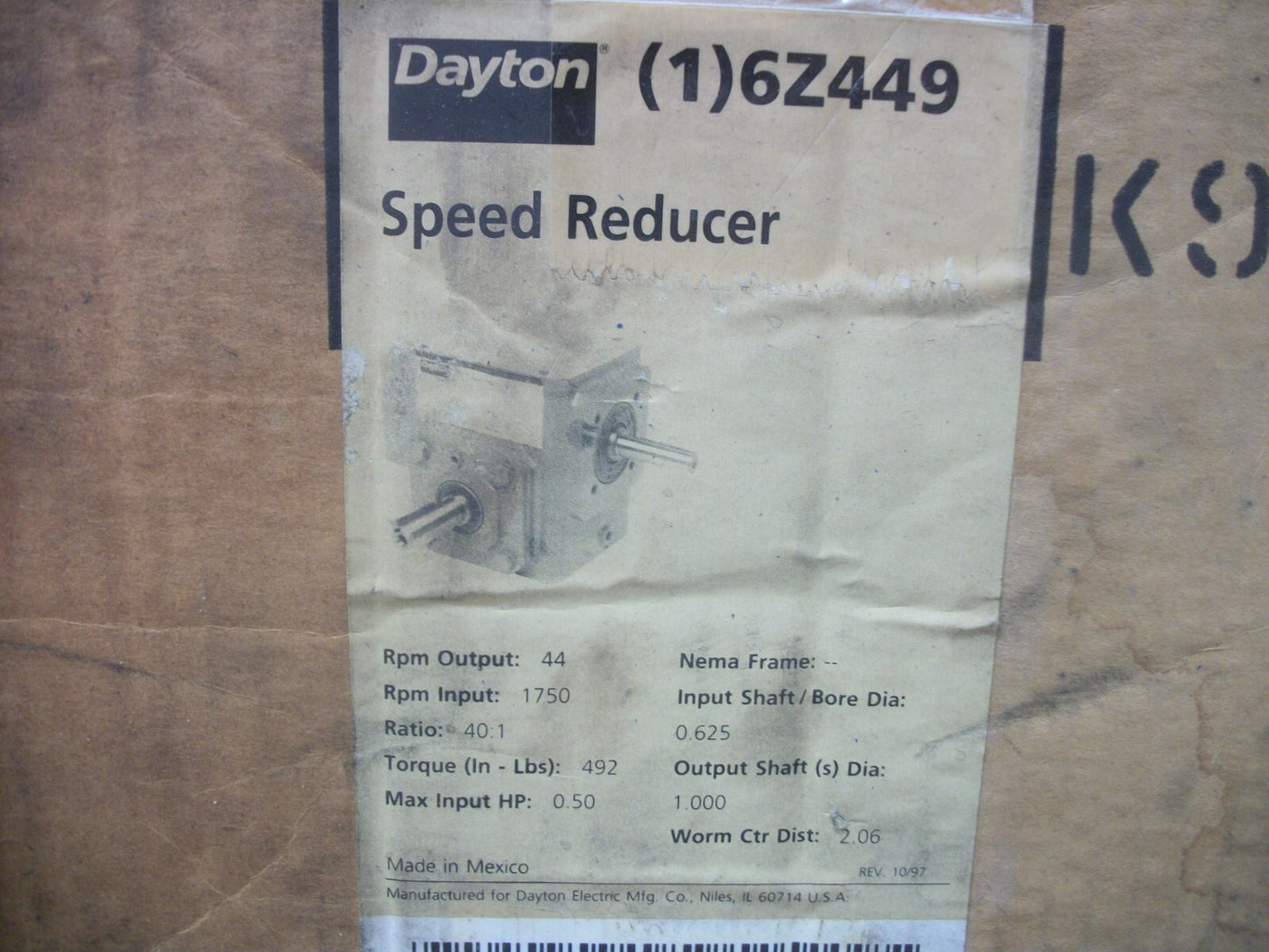 DAYTON 40:1 RATIO GEAR BOX SPEED REDUCER 6Z449 1750RPM IN 44RPM OUT NIB