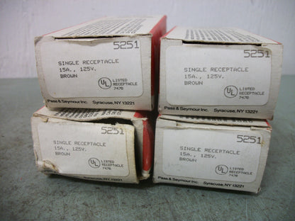 PASS & SEYMOUR LOT OF 4 BROWN SINGLE RECEPTACLES 5251 15AMP 125VOLT NIB