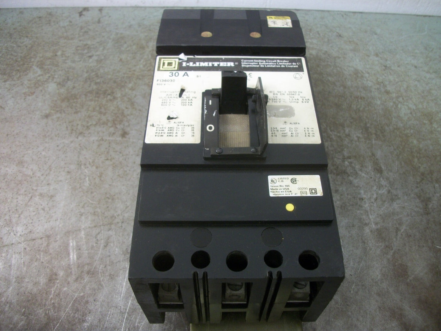 SQUARE D I-LINE I-LIMITER FI CIRCUIT BREAKER FI36030 30AMP 600VOLT 3POLE GRAY