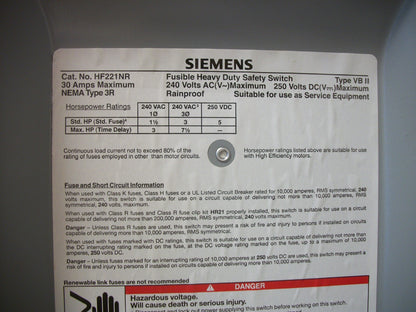 SIEMENS DISCONNECT TYPE 3R HF221NR 30AMP 240VOLT 2POLE FUSIBLE NOB