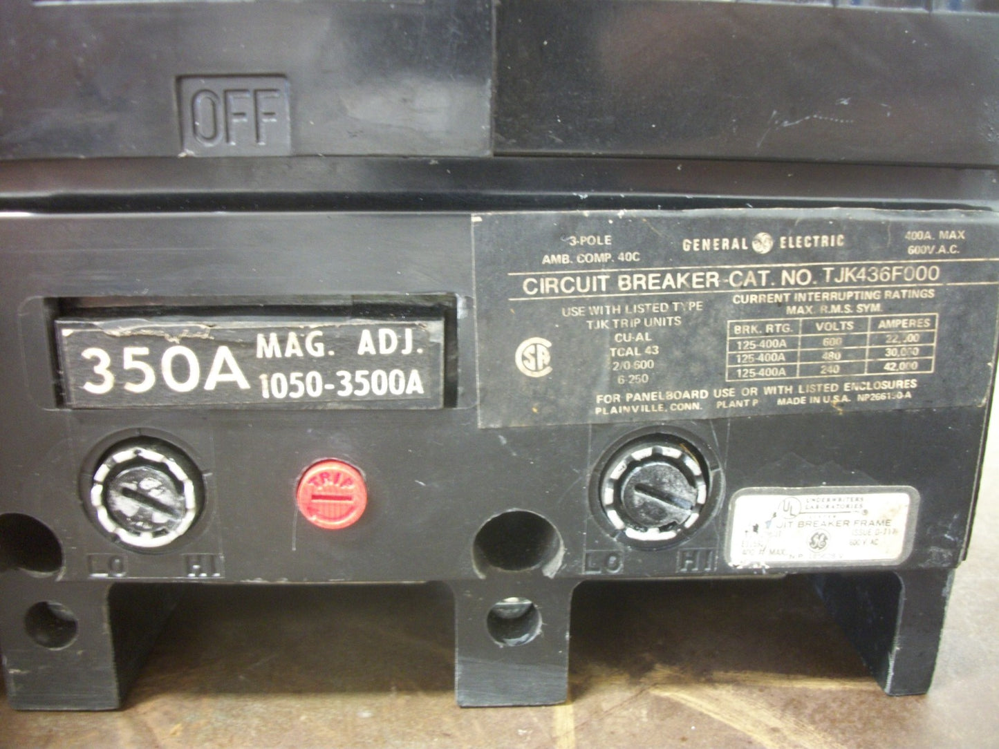 GE TJK CIRCUIT BREAKER TJK436F000 400AMP 600VOLT 3POLE W/350A TRIP