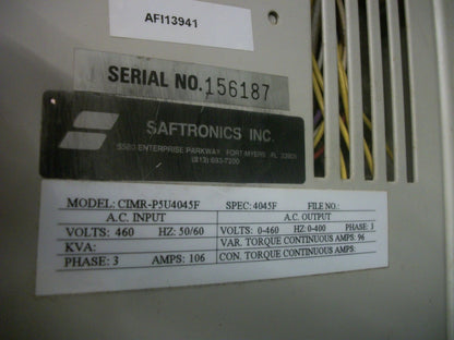 SAFTRONICS VARIABLE FREQUENCY AC DRIVE CIMR-P5U4045F 460VOLT 3PH 96AMP