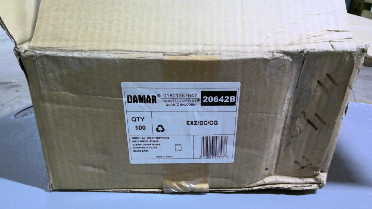 DAMAR 20642B BOX OF 100 MR16 FLOOD CLEAR QUARTZ-CAPSULE HALOGEN BULBS EXZ/DC/CG