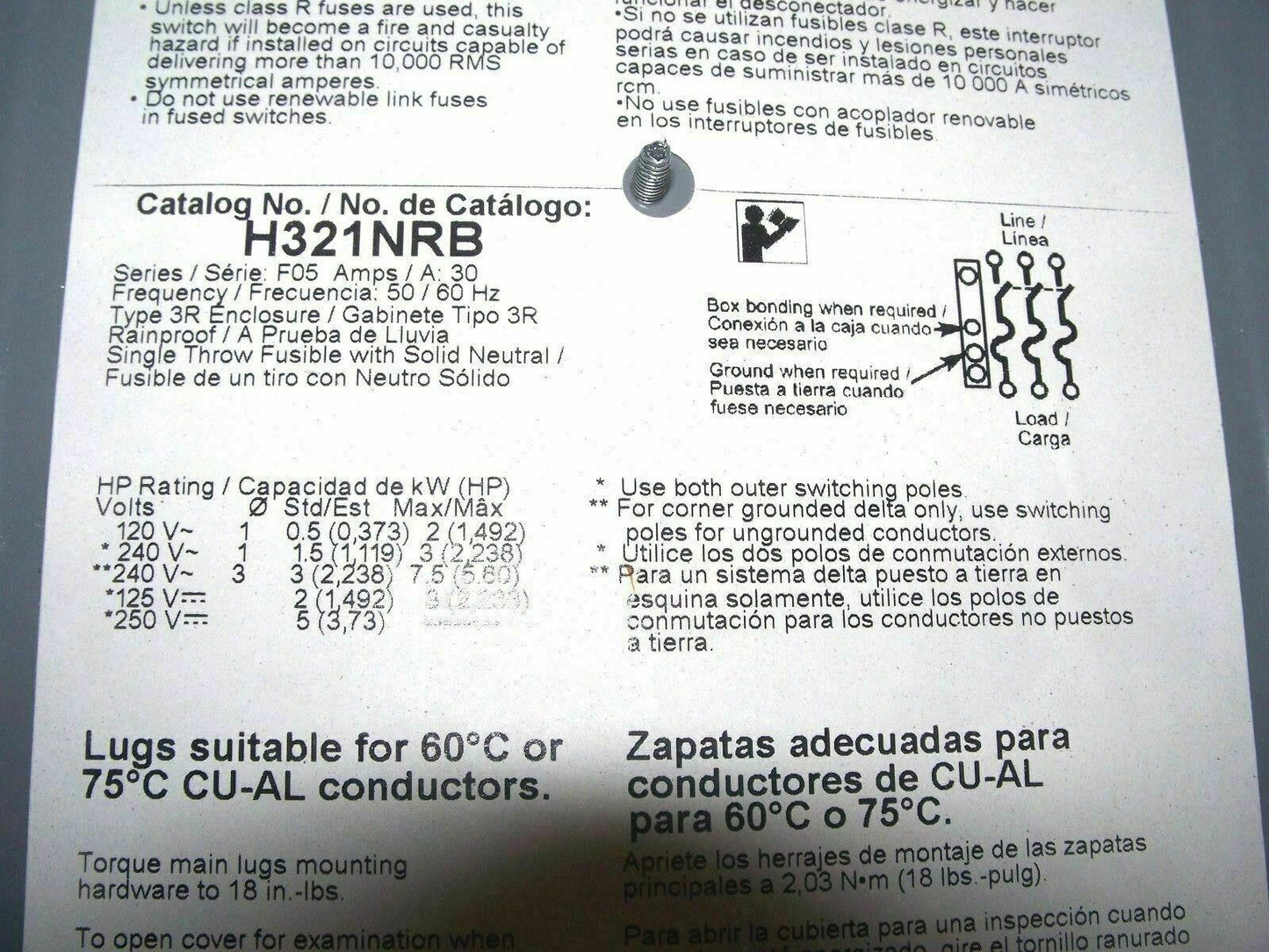 SQUARE D DISCONNECT TYPE 3R H321NRB 30AMP 240VOLT 3POLE FUSIBLE *REFURB*