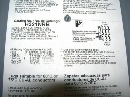 SQUARE D DISCONNECT TYPE 3R H321NRB 30AMP 240VOLT 3POLE FUSIBLE *REFURB*