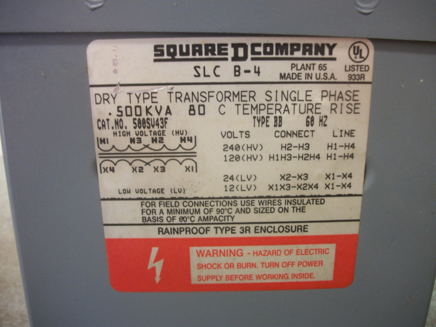 SQUARE D .500KVA 1PH TRANSFORMER 500SV43F HV 120X240 LV 12/24