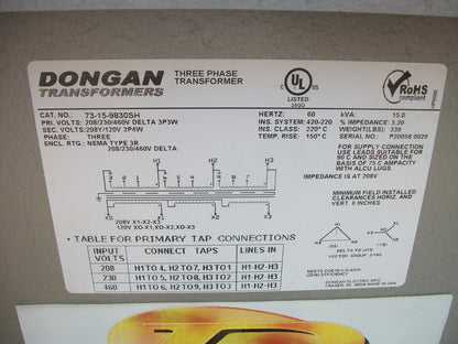 DONGAN 15KVA 3PH 3R TRANSFORMER 73-15-9830SH HV 208/230/460D LV 208Y/120 NEW