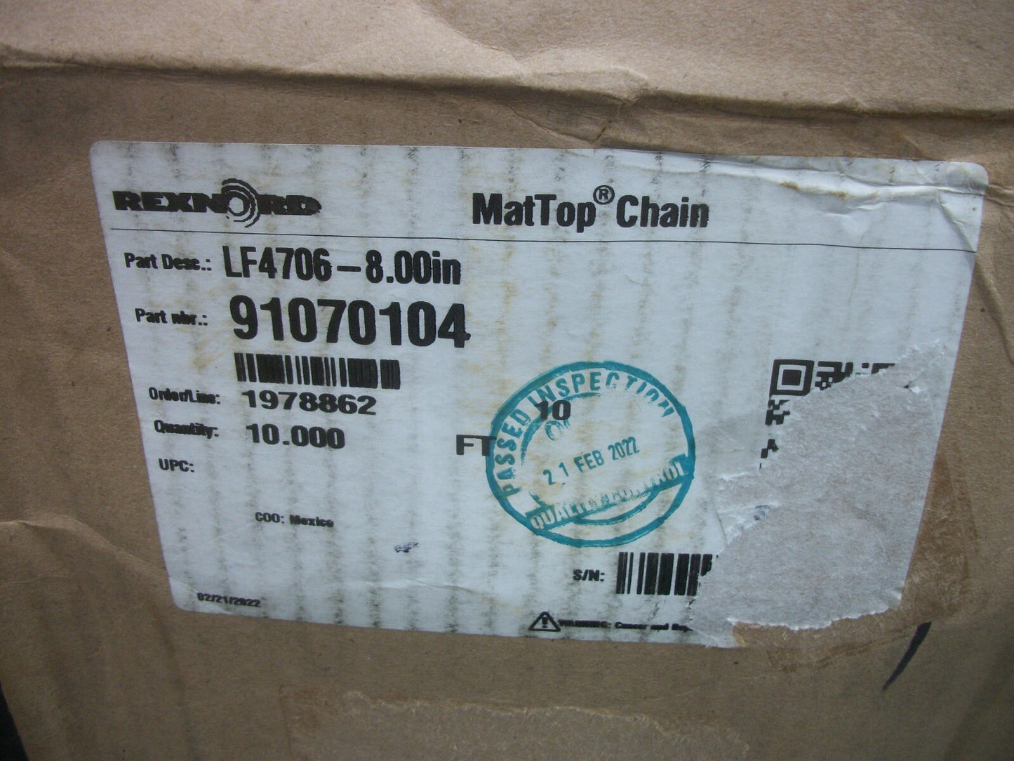 REXNORD MAT TOP PLASTIC CONVEYOR CHAIN LF4706-8.00IN NIB