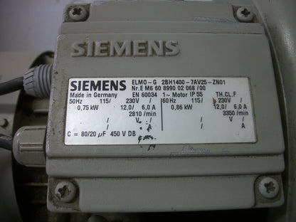 SIEMENS 0.86KW VACUUM PUMP ELM0-G 2BH1400-7AV25-ZN01 230VOLT 1PH 3350RPM