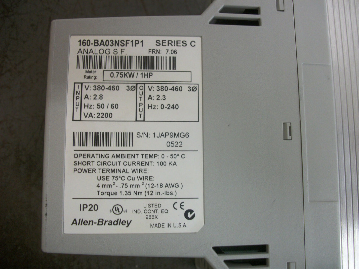 ALLEN-BRADLEY 1HP ANALOG S.F. MOTOR SPEED CONTROLLER 160-BA03NSF1P1 460V 2.3A 3P