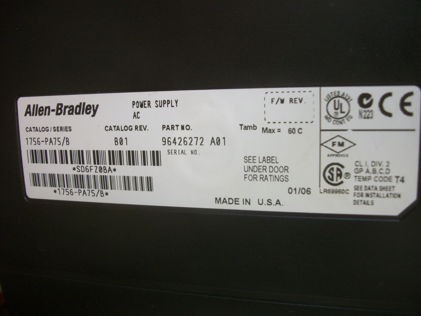 ALLEN-BRADLEY 17-SLOT PLC RACK CHASSIS 1756-A17 W/1756-PA75/B