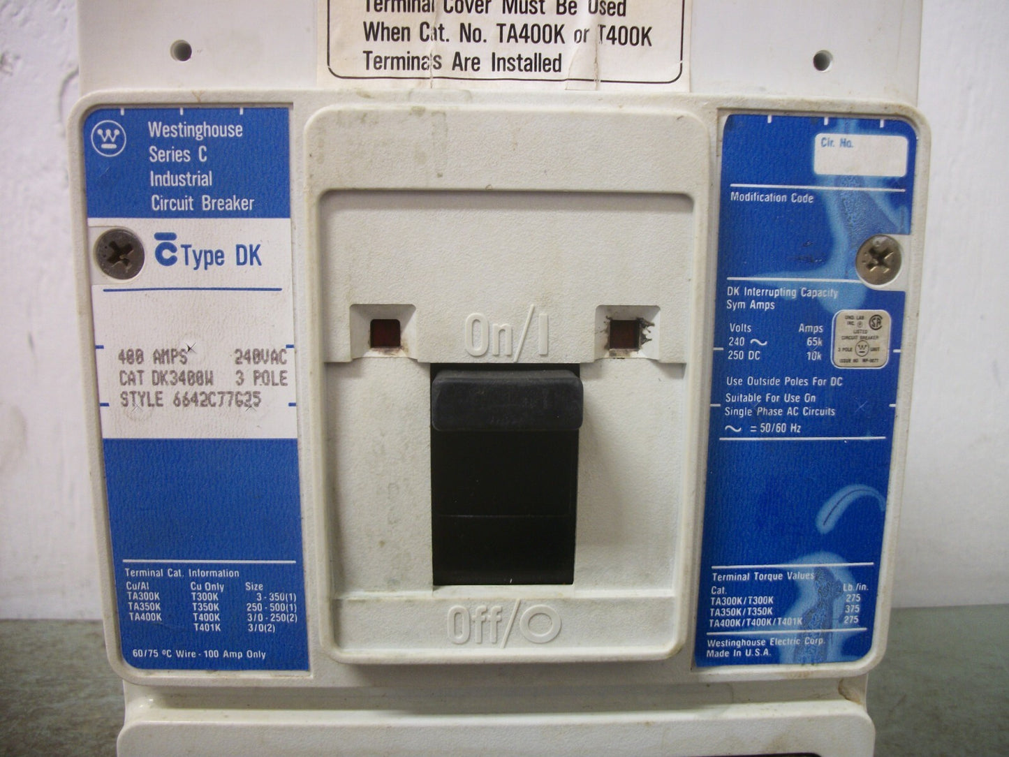 WESTINGHOUSE DK CIRCUIT BREAKER DK3400W 400AMP 240VOLT 3POLE BLUE W/400A TRIP