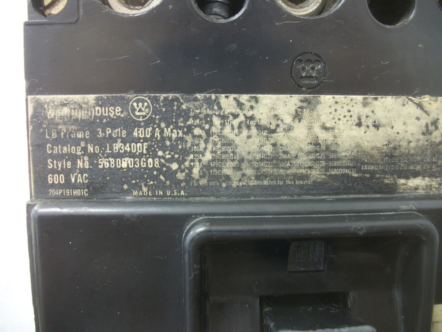 WESTINGHOUSE LB CIRCUIT BREAKER LB3400F 400AMP 600VOLT 3POLE W/350A TRIP & AUX