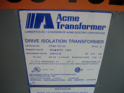 ACME 75KVA 3PH TRANSFORMER DTGA-75-4S HV 460D LV 230Y/133