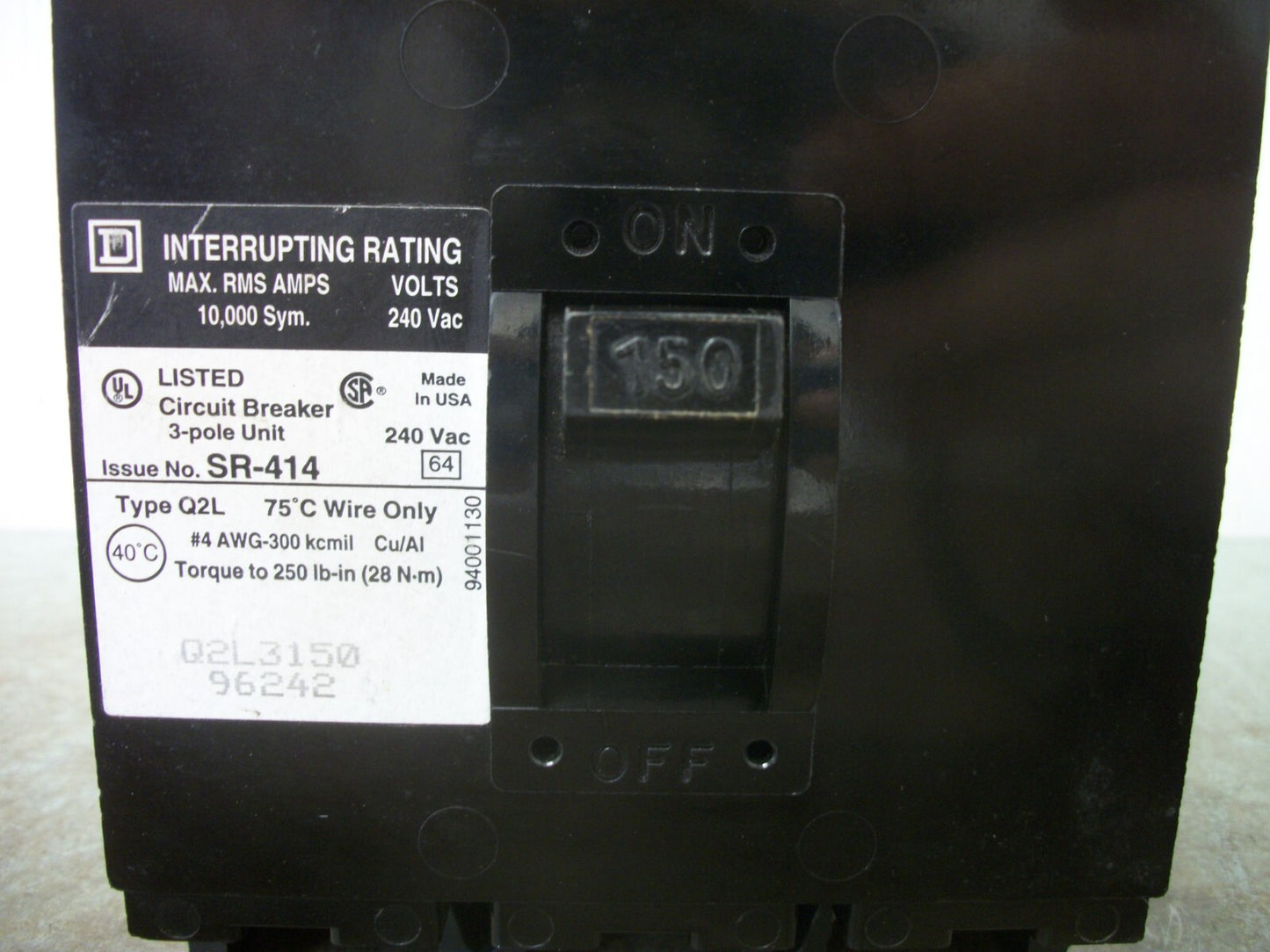 SQUARE D Q2L CIRCUIT BREAKER Q2L3150 150AMP 240VOLT 3POLE