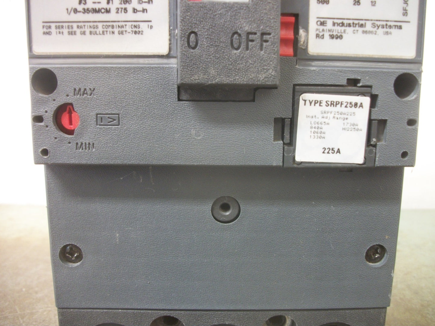GE SPECTRA SFHA CIRCUIT BREAKER SFHA36AT0250 250AMP 600VOLT 3POLE W/225A TRIP HW