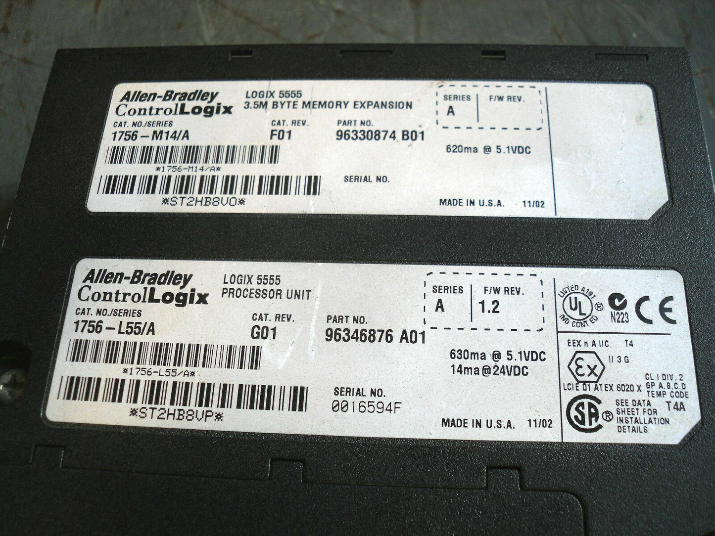 ALLEN-BRADLEY LOGIX 5555 CPU MODULE 1756-L55/A W/3.5MB MEMORY 1756-M14/A