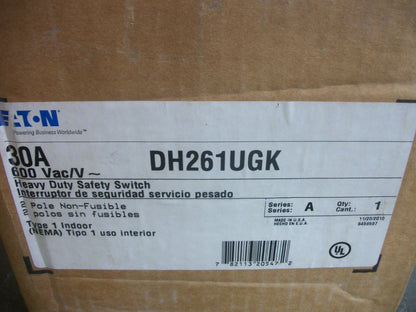 CUTLER-HAMMER DISCONNECT TYPE 1 DH261UGK 30AMP 600VOLT 2POLE NON-FUSIBLE NIB