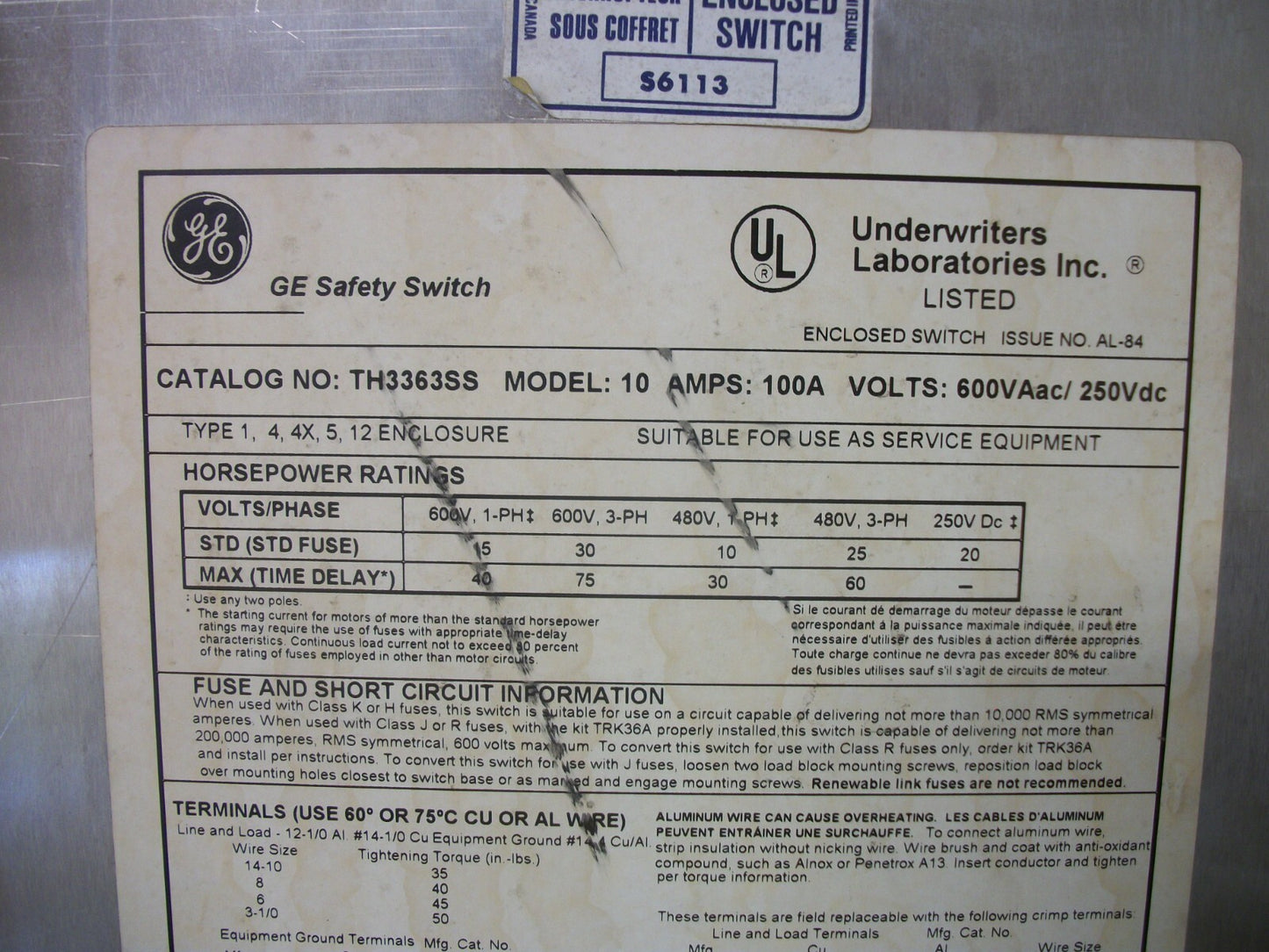 GE DISCONNECT SS TYPE 4,4X,5,12 TH3363SS 100AMP 600VOLT 3POLE FUSIBLE