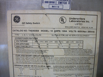 GE DISCONNECT SS TYPE 4,4X,5,12 TH3363SS 100AMP 600VOLT 3POLE FUSIBLE